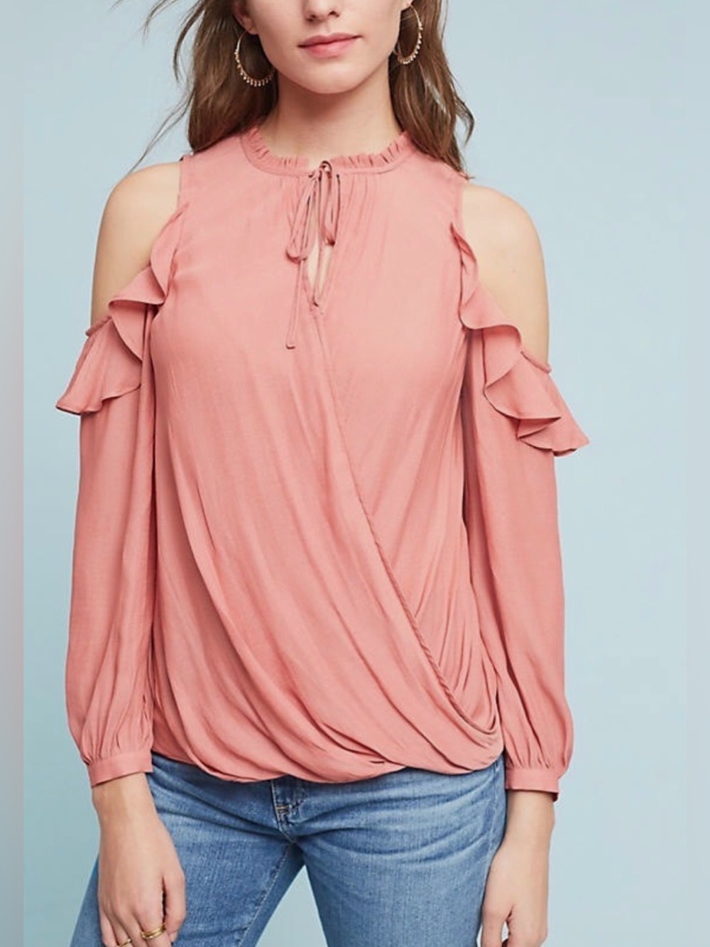 ANTHROPOLOGIE MAEVE Women’s Dusty Rose Cold-Shoulder Ruffle Wrap Top Size XS